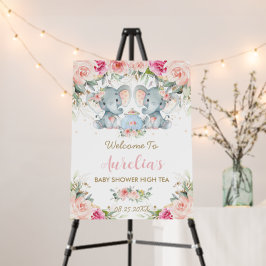 Twin Girls Elephant Rosa Blommigt Tea Baby Shower