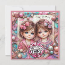 TWIN GIRLS födelsedagskort ~ Unga barn ~ Rosa ~