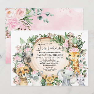 Twin Girls Jungle Safari Party Animals Baby Shower Inbjudningar