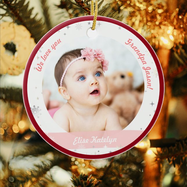 Twin Girls Photo Grandpa Cute Första jul Baby Julgransprydnad Keramik (Modern Elegant First Christmas Baby Twins Girls We love you Grandpa Grandfather 2 Photos Snowflakes)