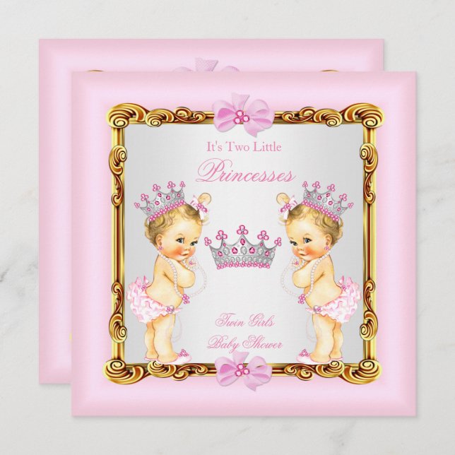 Twin Girls Princess Baby Shower Guld Rosa Blonde Inbjudningar (Fram/baksida)