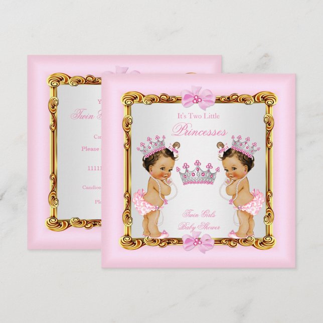 Twin Girls Princess Baby Shower Guld Rosa Brunette Inbjudningar (Fram/baksida)