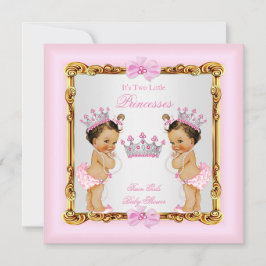 Twin Girls Princess Baby Shower Guld Rosa Brunette Inbjudningar