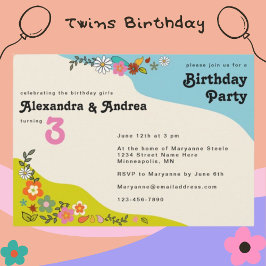 Twin Girls Retro 70:s Blommigt Födelsedagsfest Inv Inbjudningar