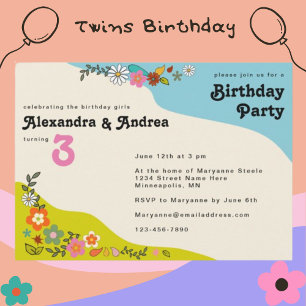 Twin Girls Retro 70:s Blommigt Födelsedagsfest Inv Inbjudningar