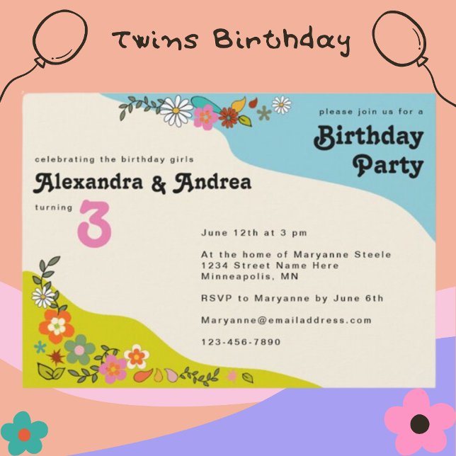 Twin Girls Retro 70:s Blommigt Födelsedagsfest Inv Inbjudningar (Skapare uppladdad)