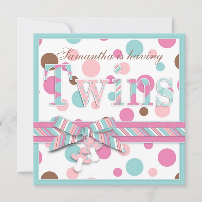TWIN GIRLS Rosa Aqua Brown Dots Baby Shower Inbjudningar (Framsida)