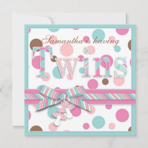 TWIN GIRLS Rosa Aqua Brown Dots Baby Shower Inbjudningar