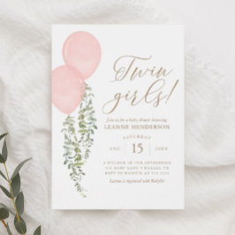 Twin Girls Rosa Balloon Eucalyptus Baby Shower Inbjudningar