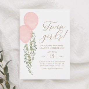 Twin Girls Rosa Balloon Eucalyptus Baby Shower Inbjudningar