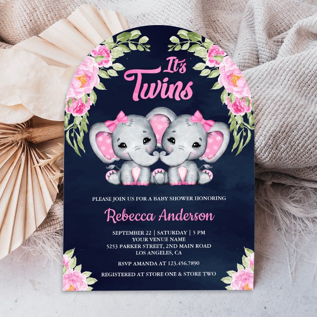 Twin Girls Rosa Blommigt Elephant Navy Baby Shower Inbjudningar (Skapare uppladdad)