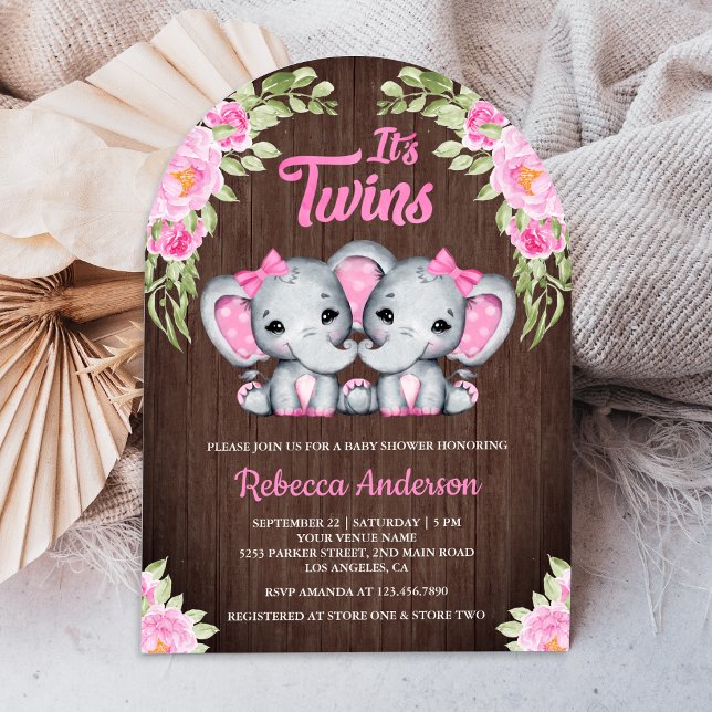 Twin Girls Rosa Blommigt Elephant Wood Baby Shower Inbjudningar (Skapare uppladdad)
