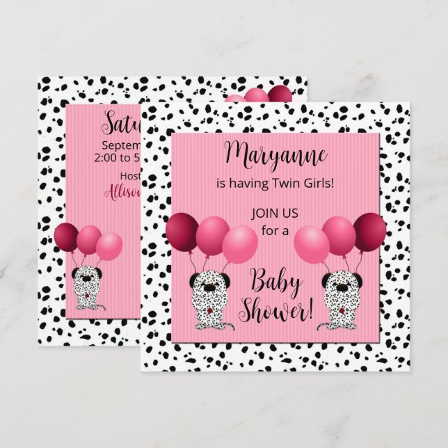 Twin Girls Rosa Dalmatian Baby Shower Inbjudningar (Fram/baksida)