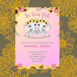 Twin Girls Rosa Elephant SunblommBaby Shower Inbjudningar