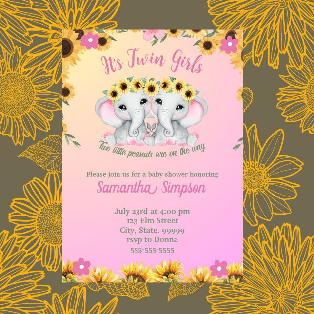 Twin Girls Rosa Elephant SunblommBaby Shower Inbjudningar (Skapare uppladdad)