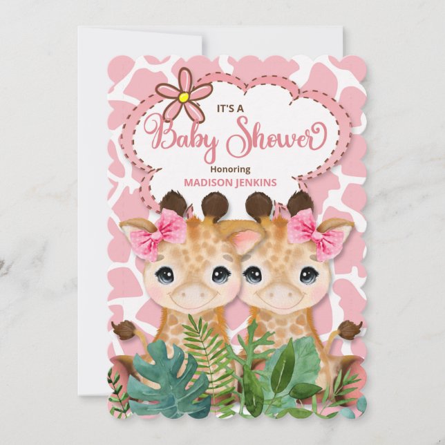 Twin Girls Rosa Giraffe Jungle Baby Shower Inbjudningar (Framsida)