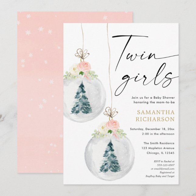 Twin Girls rosa guld Vintern Julbabydusch Inbjudningar (Fram/baksida)