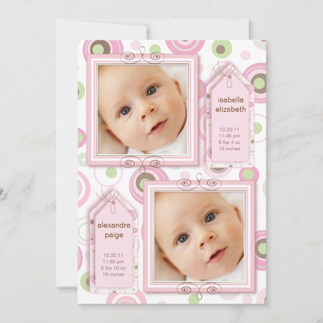 Twin Girls Rosa Polka Dot Photo Notification Meddelande (Framsida)