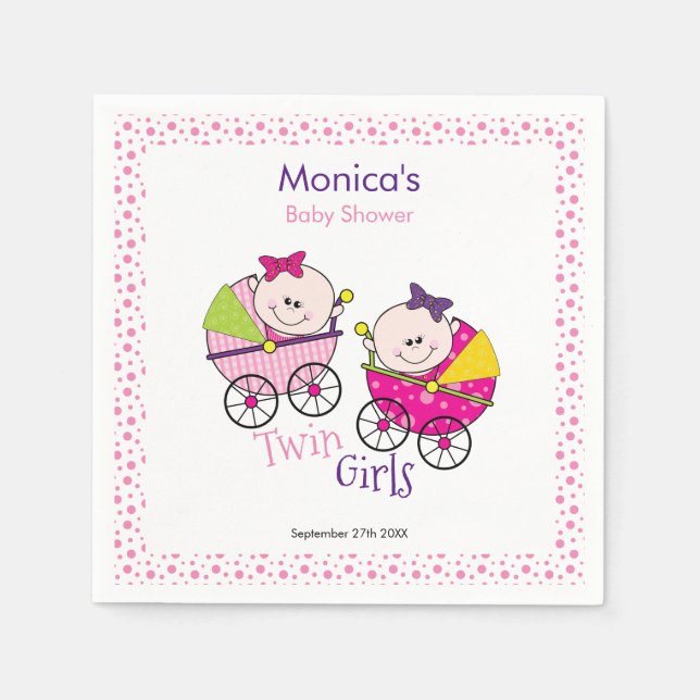 Twin Girls Rosa Polka dots Baby Shower Napkin Pappersservett (Framsidan)