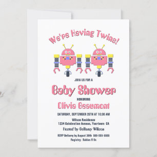 Twin Girls Rosa Robot Baby Shower Inbjudningar