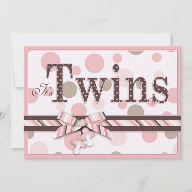 TWIN GIRLS Rosa Taupe Punts Baby Shower Inbjudningar (Framsida)
