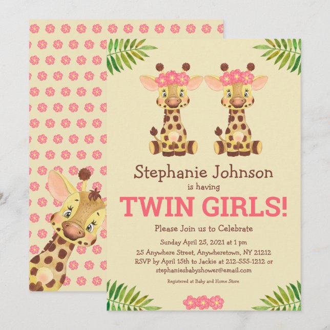 Twin Girls Safari Giraffe Cute Baby Shower Inbjudningar (Fram/baksida)