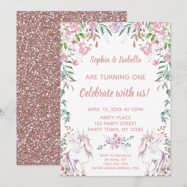 Twin Girls Unicorn Glitter Första födelsedagen Inbjudningar (Fram/baksida)