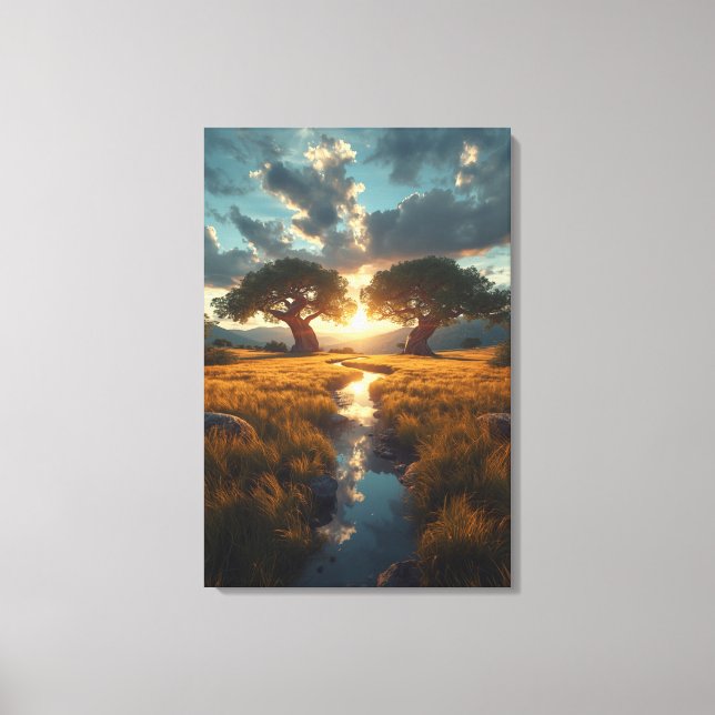 Twin Guardians – Golden Meadow Sunset Canvas Print (Framsida)