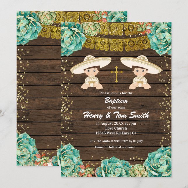 Twin Guld Glitter Fiesta Boy Baptism Christening Inbjudningar (Fram/baksida)