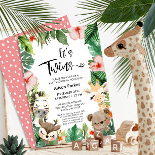 Twin Jungle Safari Tropical Greenery Baby Shower Inbjudningar