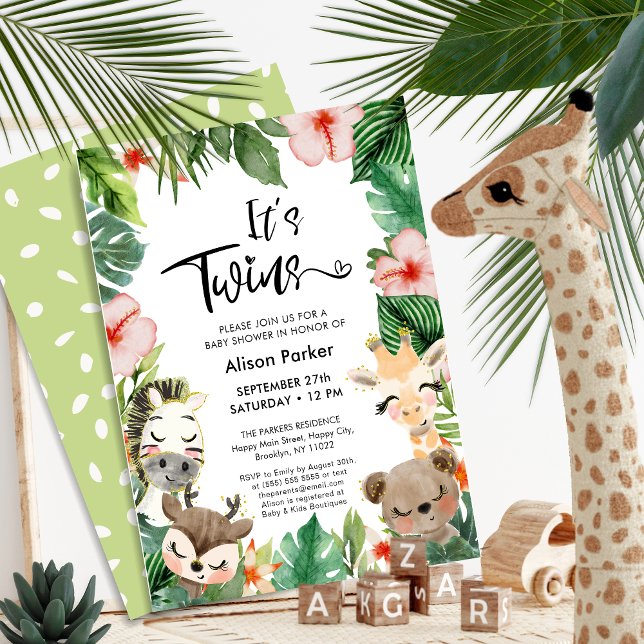 Twin Jungle Safari Tropical Greenery Baby Shower Inbjudningar (Skapare uppladdad)