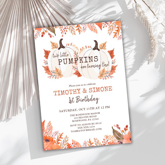 Twin Kids Blommigt Pumpkin Fall First Birthday Inbjudningar (Skapare uppladdad)