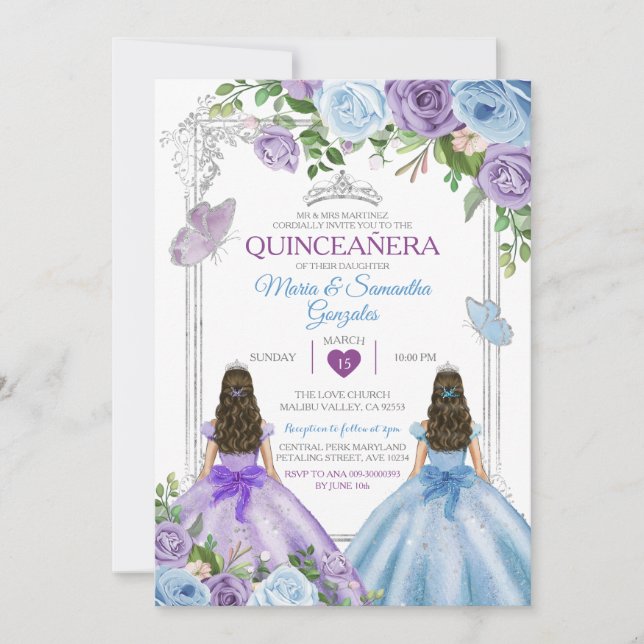 Twin Lila and Blue Butterfly Silver Quinceañera Inbjudningar (Framsida)