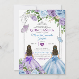 Twin Lila and Blue Butterfly Silver Quinceañera Inbjudningar