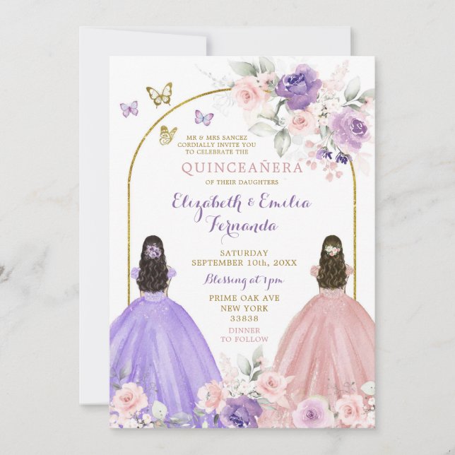 Twin Lilac och  Rosa Quinceañera Princesses Inbjudningar (Framsida)