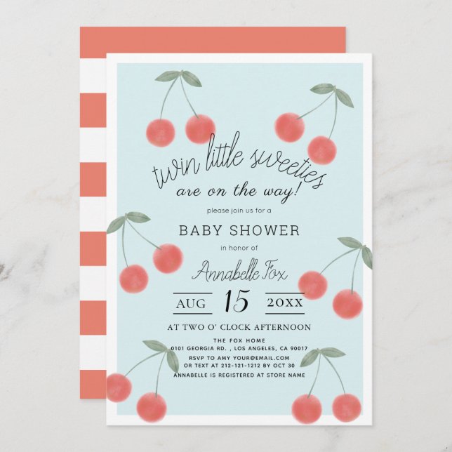 Twin Little Sweets Cherries Blue Baby Shower Inbjudningar (Fram/baksida)