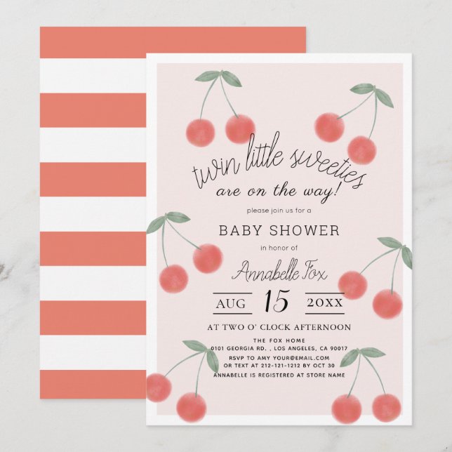 Twin Little Sweets Cherries Rosa Baby Shower Inbjudningar (Fram/baksida)