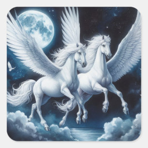 Twin Pegasus som flyger med Måne bakom dem Fyrkantigt Klistermärke