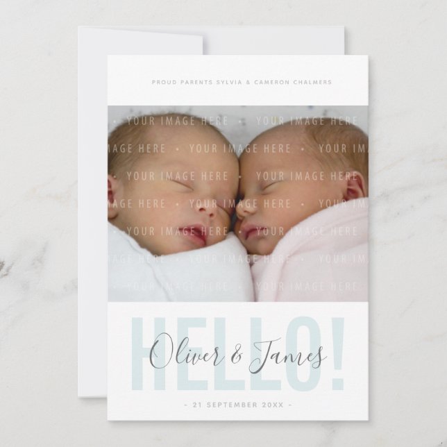 TWIN PHOTO BIRTH ANNOUNCEMENT hej blue pojke Meddelande (Framsida)