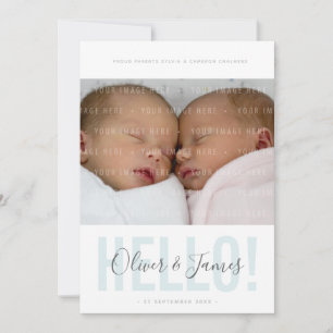TWIN PHOTO BIRTH ANNOUNCEMENT hej blue pojke Meddelande