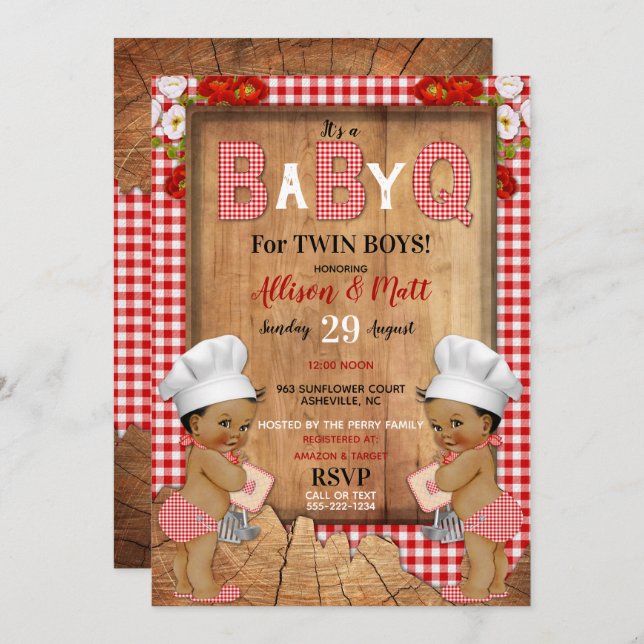 Twin Pojke Red Gingham Wood Baby Q Barbecue Inbjudningar (Fram/baksida)