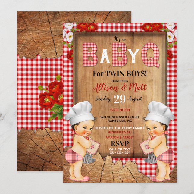Twin Pojke Red Gingham Wood Baby Q Barbecue Inbjudningar (Fram/baksida)
