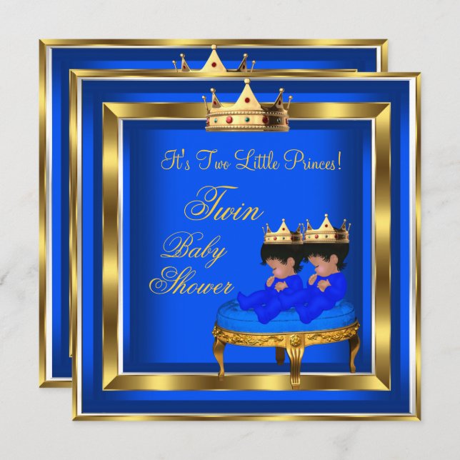 Twin Prince Baby Shower Royal Blue Guld Boy Krona Inbjudningar (Fram/baksida)