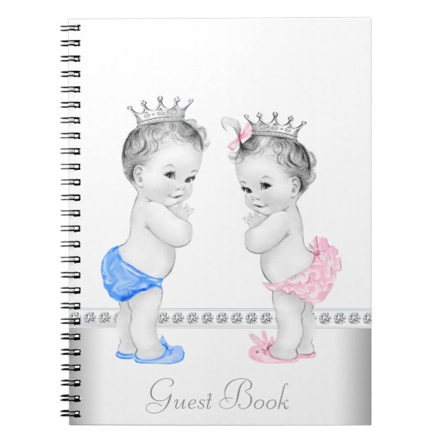 Twin Prince och Princess Baby Shower Guest Bok Anteckningsbok Med Spiral (Framsidan)