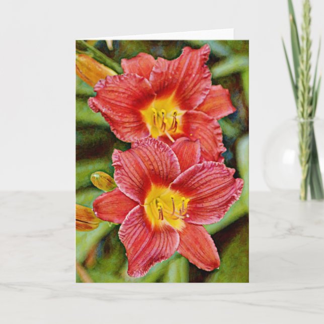 Twin Red Lily Flowers Art Note Card Kort (Framsida)