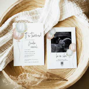 TWIN Rosa & Blue Balloon Gender Reveal babydusch Inbjudningar