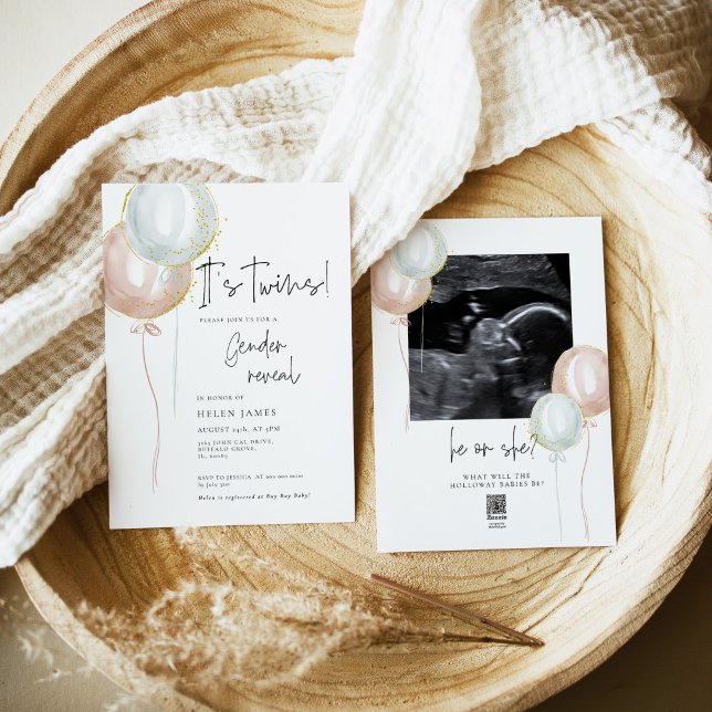 TWIN Rosa & Blue Balloon Gender Reveal babydusch Inbjudningar (Skapare uppladdad)