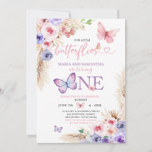 Twin Rosa Lila Butterfly First Birthday Blommigt Inbjudningar