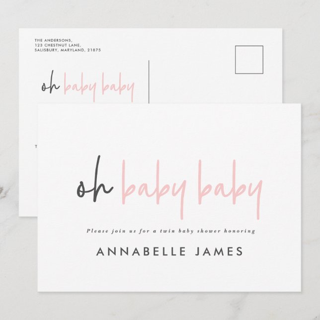 twin rosa modern typografi contemporary flicka inbjudningar (Fram/baksida)