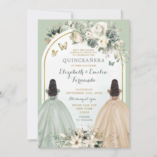 Twin Sage Grönt och Ivory Quinceañera Princesses Inbjudningar (Framsida)
